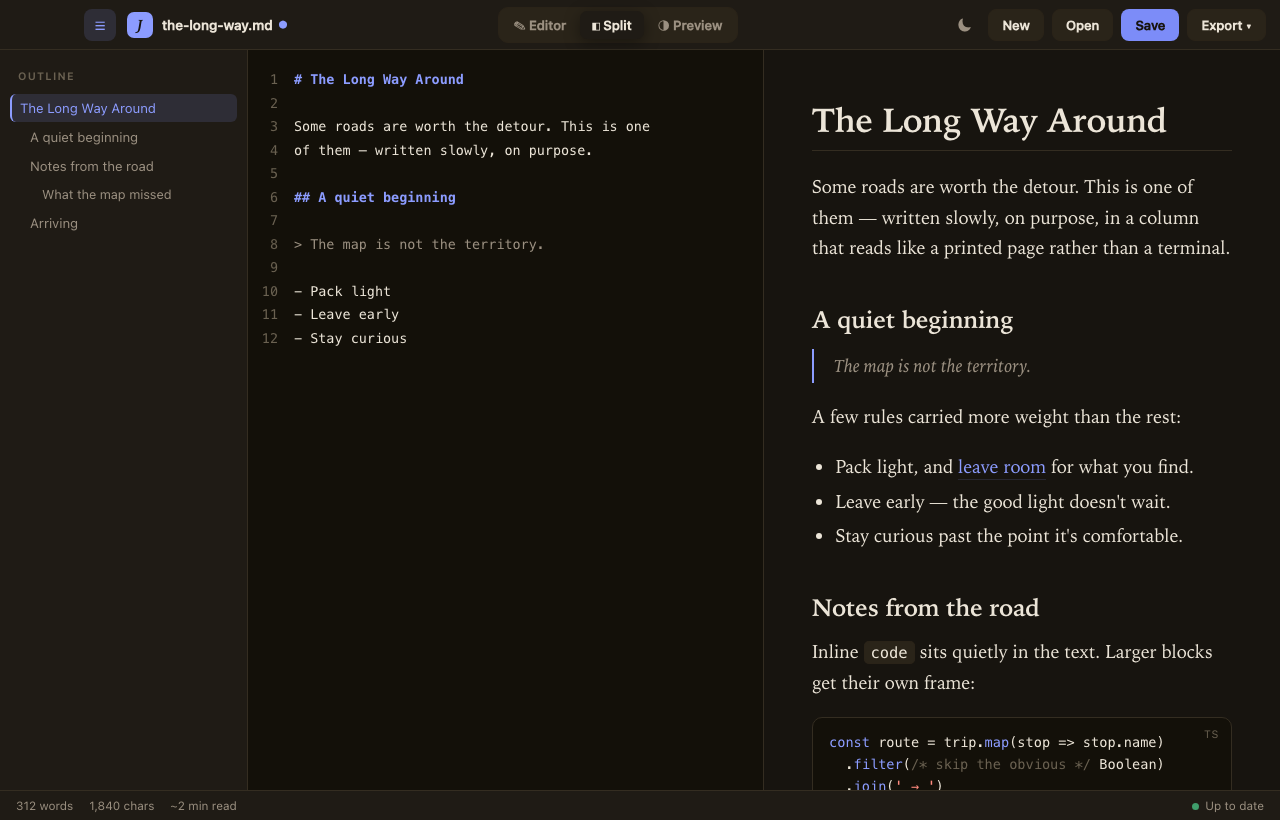 JustWrite in dark mode