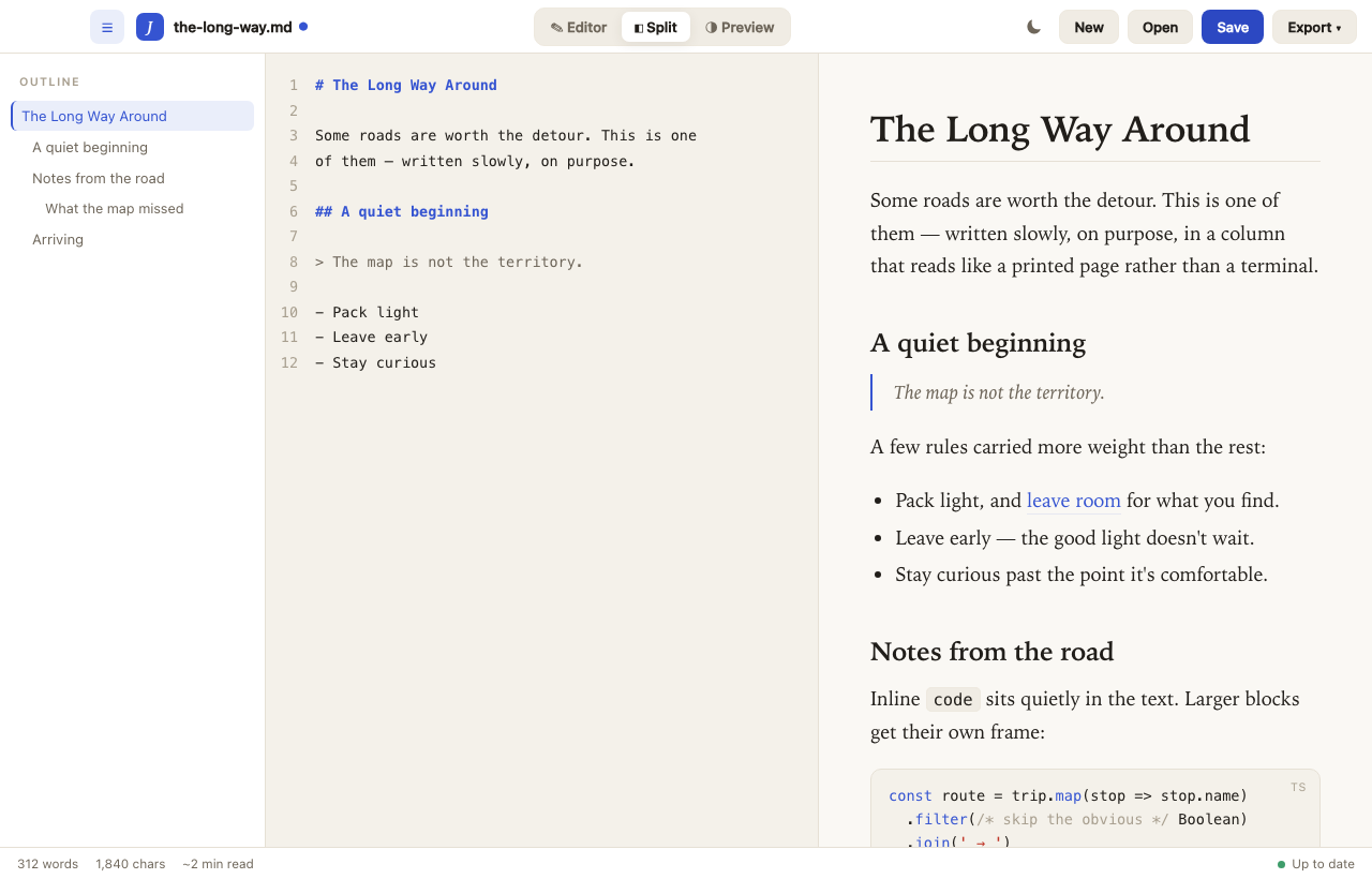 JustWrite editing markdown with a live preview